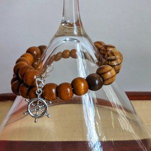 Wooden Beaded Nautical Memory Wire Bracelet